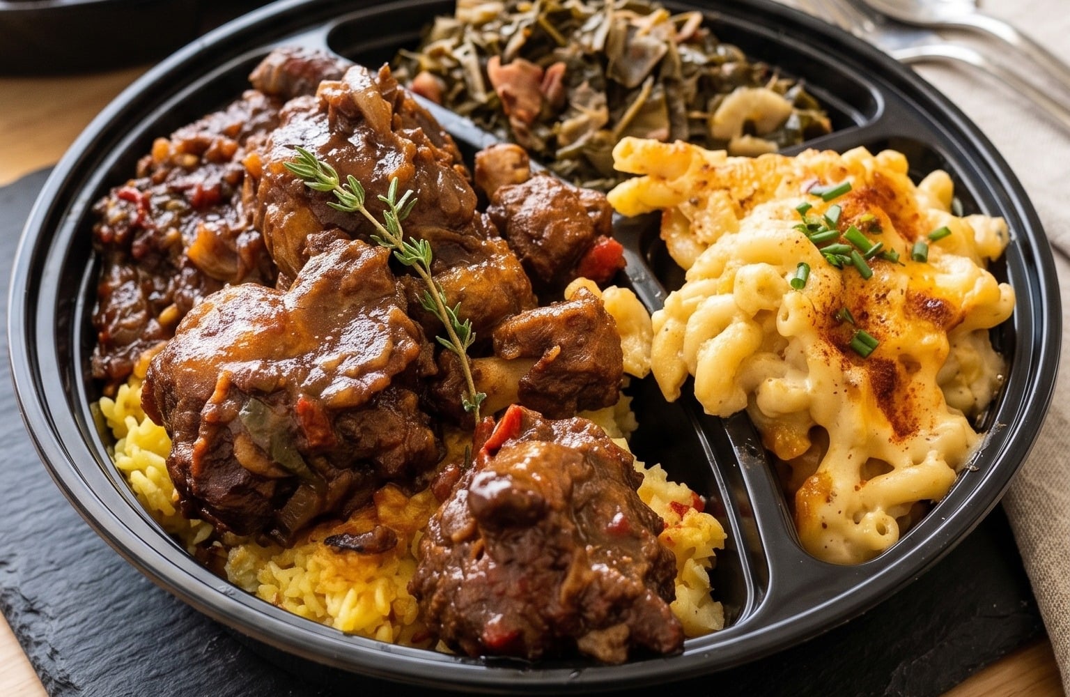 Bowl of Soul — oxtails, baked mac and cheese, greens