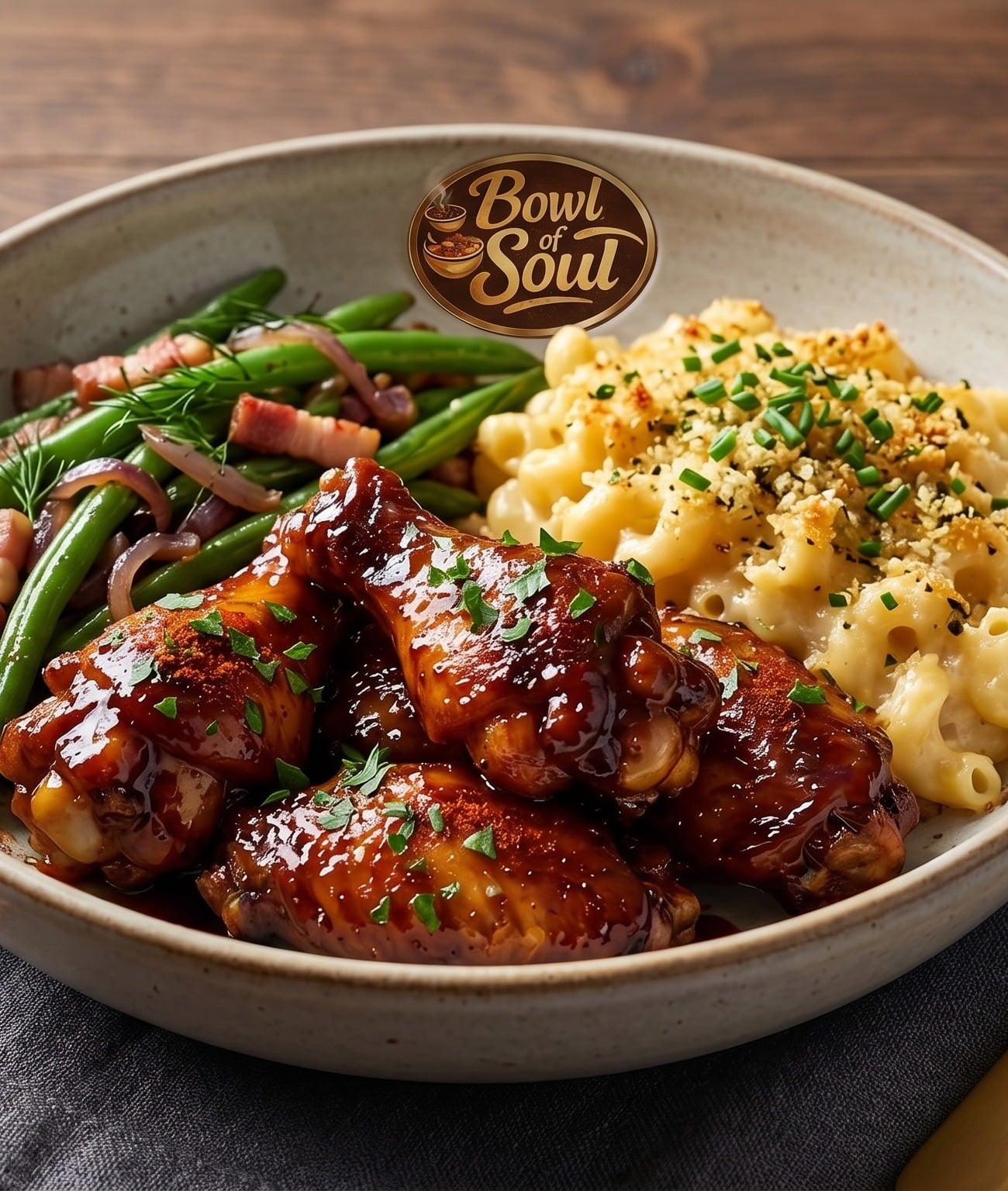 Bowl of Soul — glazed wings, green beans and baked mac