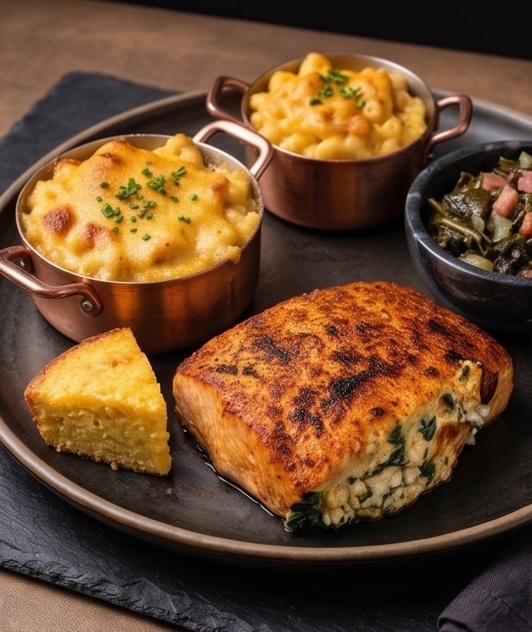 Bowl of Soul — baked mac, cornbread and stuffed salmon